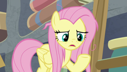 Size: 1920x1080 | Tagged: safe, derpibooru import, screencap, fluttershy, pegasus, pony, she talks to angel, female, mare, messy mane, raised hoof, solo