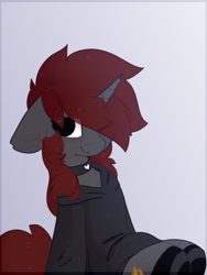 Size: 819x1092 | Tagged: safe, artist:little-sketches, oc, oc:ember stone, pony, unicorn, choker, clothes, female, hair over one eye, hoodie, looking at you, mare, one eye closed, smiling, solo, wink