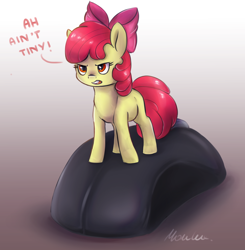 Size: 2264x2314 | Tagged: safe, artist:buttersprinkle, apple bloom, pony, adorabloom, angry, blatant lies, computer mouse, cute, female, gradient background, high res, micro, smol, solo, text, tiny, tiny ponies