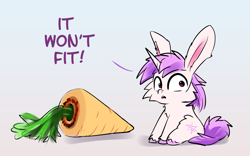 Size: 2285x1425 | Tagged: safe, artist:xbi, oc, oc only, oc:lapush buns, pony, unicorn, bunny ears, bunnycorn, carrot, food, gradient background, not going to fit, solo