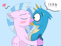 Size: 1352x1024 | Tagged: safe, artist:sprinkle-tits, gallus, silverstream, griffon, hippogriff, blue background, blushing, exclamation point, female, gallstream, heart, kissing, male, shipping, simple background, straight, surprise kiss, surprised
