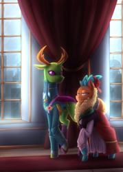 Size: 2844x3973 | Tagged: safe, artist:jadekettu, thorax, velvet reindeer, changedling, changeling, deer, equestria at war mod, them's fightin' herds, city, cityscape, crossover, crossover shipping, curtains, equestrian pink heart of courage, king thorax, married couple, shipping, window