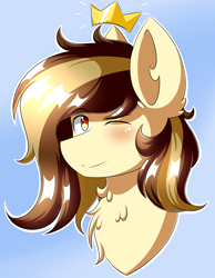 Size: 2520x3240 | Tagged: safe, artist:xprismxx, oc, oc:prince whateverer, pony, blue background, bust, male, one eye closed, portrait, simple background, solo, stallion, wink