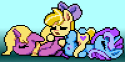 Size: 300x150 | Tagged: safe, artist:bitassembly, edit, oc, oc:amber streak, oc:bright star, oc:untitled work, butt pillow, cuddling, pixel art, pony pile, sleeping