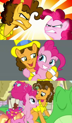 Size: 1230x2090 | Tagged: safe, derpibooru import, screencap, cheese sandwich, gummy, luster dawn, pinkie pie, alligator, earth pony, pony, unicorn, pinkie pride, the last laugh, the last problem, cheesepie, couple, female, friends, male, older, older cheese sandwich, older pinkie pie, shipping, straight, then and now
