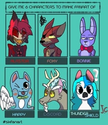 Size: 540x624 | Tagged: safe, artist:jakeiichann, discord, draconequus, :p, alastor, animatronic, annoyed, bonnie, bowtie, bust, clothes, crossover, eyepatch, fairy tail, five nights at freddy's, foxy, grin, hazbin hotel, male, one eye closed, paws, question mark, six fanarts, smiling, tongue out, unamused, underpaw, wings, wink