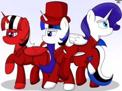 Size: 4700x3500 | Tagged: safe, artist:schwarzesskreuz, oc, oc:jett linndemann, oc:muller, oc:richard linndemann, alicorn, pony, alicorn oc, clothes, hat, horn, red and black oc, top hat, wings