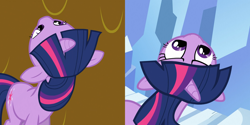 Size: 2160x1080 | Tagged: safe, edit, edited screencap, screencap, twilight sparkle, unicorn twilight, hydra, pony, unicorn, feeling pinkie keen, the crystal empire, comparison, looking up, upside down