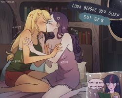 Size: 1350x1080 | Tagged: safe, artist:tcn1205, applejack, rarity, twilight sparkle, equestria girls, look before you sleep, alternate scenario, angry, angry kissing, book, bookshelf, cross-popping veins, digital art, equestria girls interpretation, eyes closed, female, kissing, lesbian, question mark, rarijack, scene interpretation, shipping, sleeveless