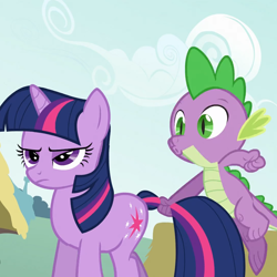 Size: 1080x1080 | Tagged: safe, screencap, spike, twilight sparkle, unicorn twilight, dragon, pony, unicorn, feeling pinkie keen, cropped, faic, ponyville, twilight is not amused, unamused