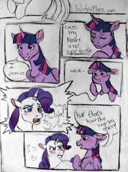 Size: 831x1112 | Tagged: safe, artist:wishfulflora, derpibooru import, rarity, twilight sparkle, twilight sparkle (alicorn), alicorn, pony, unicorn, fanfic:the enchanted kingdom, comic, dialogue, fanfic art, female, jewelry, lesbian, necklace, puffy cheeks, rarilight, scene interpretation, shipping, solo