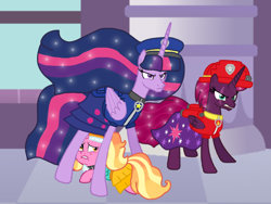 Size: 1440x1080 | Tagged: safe, artist:徐詩珮, fizzlepop berrytwist, luster dawn, princess twilight 2.0, tempest shadow, twilight sparkle, twilight sparkle (alicorn), alicorn, pony, series:sprglitemplight diary, series:sprglitemplight life jacket days, series:springshadowdrops diary, series:springshadowdrops life jacket days, the last problem, alicornified, alternate universe, base used, chase (paw patrol), clothes, cute, everest (paw patrol), female, lesbian, marshall (paw patrol), older, older tempest shadow, older twilight, paw patrol, race swap, shipping, tempesticorn, tempestlight, ultimate twilight