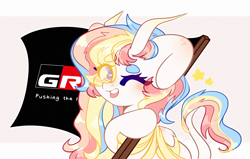 Size: 3300x2100 | Tagged: safe, alternate version, artist:etoz, oc, oc only, oc:rainbow dreams, pegasus, blushing, commission, eye clipping through hair, female, flag, horn, horns, leonine tail, mare, one eye closed, pegasus oc, ribbon, simple background, smiling, stars, toyota, toyota gazoo racing, two toned wings, wings, wink, ych result