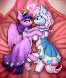 Size: 2556x3000 | Tagged: safe, artist:lightly-san, twilight sparkle, twilight sparkle (alicorn), oc, oc:crystal tundra, alicorn, pony, unicorn, adorasexy, bed, big crown thingy, canon x oc, clothes, collar, commission, crossdressing, crown, crytwi, cute, diadem, dress, ear piercing, earring, element of magic, female, fluffy, heart, hoof hold, hoof shoes, horn, horn ring, jewelry, looking at each other, magic, male, piercing, regalia, sexy, shoes, snuggling, socks, starry dress, tiara