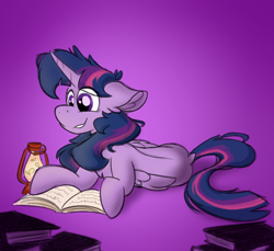 Size: 2180x2000 | Tagged: safe, artist:antimationyt, twilight sparkle, twilight sparkle (alicorn), alicorn, pony, book, chest fluff, ear fluff, female, firefly lamp, floppy ears, folded wings, gradient background, lamp, looking at something, mare, prone, reading, smiling, solo, wings