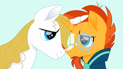 Size: 1500x844 | Tagged: safe, artist:cloudyglow, prince blueblood, sunburst, pony, unicorn, bloodburst, blue background, crack shipping, gay, glasses, looking at each other, male, movie accurate, shipping, simple background, stallion