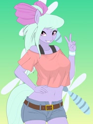 Size: 768x1024 | Tagged: safe, artist:q_wed, flitter, anthro, dragonfly, insect, pegasus, 2010s, 2014, 2019, belly button, belt, bow, breasts, busty flitter, clenched teeth, clothes, cutie mark, cutie mark background, denim shorts, digital art, female, green background, hair bow, hand on hip, mare, midriff, peace sign, shirt, short shirt, shorts, simple background, smiling, solo, sports bra, tail, tomboy