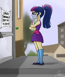 Size: 2081x2464 | Tagged: safe, artist:oinktweetstudios, sci-twi, twilight sparkle, equestria girls, book, closed, clothes, coronavirus, covid-19, door, human coloration, library, mask, socks