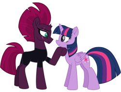 Size: 12560x9574 | Tagged: safe, alternate version, artist:ejlightning007arts, edit, tempest shadow, twilight sparkle, twilight sparkle (alicorn), alicorn, pony, unicorn, my little pony: the movie, broken horn, clothes, eye scar, female, hoof on chin, horn, jumpsuit, lesbian, scar, shipping, simple background, smiling, tempestlight, transparent background, vector