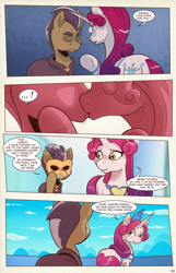 Size: 1253x1950 | Tagged: safe, artist:saturdaymorningproj, princess amore, oc, oc:lord suinda, earth pony, pony, unicorn, comic:i await a guardian, comic, kissing, speech bubble, teary eyes