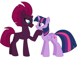 Size: 12560x9574 | Tagged: safe, alternate version, artist:ejlightning007arts, edit, tempest shadow, twilight sparkle, twilight sparkle (alicorn), alicorn, pony, unicorn, my little pony: the movie, broken horn, eye scar, female, hoof on chin, horn, lesbian, scar, shipping, simple background, smiling, tempestlight, transparent background, vector