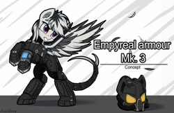 Size: 1024x666 | Tagged: safe, artist:adagiostring, oc, pegasus, pony, fallout equestria, armor, enclave armor, helmet, pegasus oc, pipbuck, rearing, reference sheet, text, wings