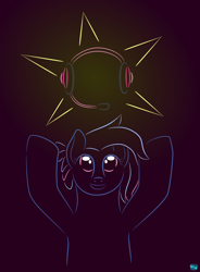 Size: 622x845 | Tagged: safe, artist:quint-t-w, oc, oc only, oc:bit rate, earth pony, pony, bust, female, gradient background, headphones, hooves up, item get, looking up, mascot, minimalist, modern art, ponyfest, shiny, smiling, solo