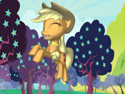 Size: 2000x1500 | Tagged: safe, artist:prismicdiamondart, derpibooru import, applejack, earth pony, pony, pony creator, 3d, eyes closed, grin, hat, jewelry, jumping, necklace, ponylumen, smiling, solo