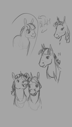 Size: 844x1500 | Tagged: safe, artist:archonix, night light, twilight velvet, velvet dusk, alternate hairstyle, female, flehmen response, gray background, hoers, horses doing horse things, male, mare, monochrome, rule 63, simple background, sketch, stallion