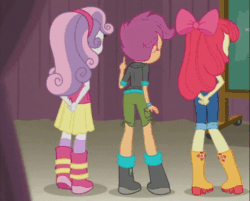 Size: 1000x804 | Tagged: safe, screencap, apple bloom, scootaloo, sweetie belle, equestria girls, equestria girls series, happily ever after party, happily ever after party: rainbow dash, animated, apple bloom's bow, arm behind back, boots, bow, chalkboard, clothes, cropped, curtains, cutie mark crusaders, gif, hair bow, hoodie, jacket, jeans, pants, shirt, shoes, shorts, skirt, sneaking