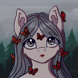 Size: 640x640 | Tagged: safe, artist:silverst, butterfly, pony, female, forest background, gray, ponified, solo