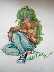 Size: 3120x4160 | Tagged: safe, artist:elisdoominika, wallflower blush, human, equestria girls, clothes, female, green hair, human coloration, jeans, pants, sitting, smiling, solo, sweater, traditional art, watercolor painting