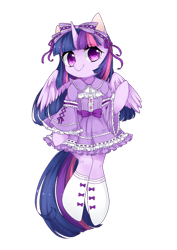 Size: 650x916 | Tagged: safe, artist:今日份的xyz, twilight sparkle, twilight sparkle (alicorn), alicorn, pony, bow, clothes, cute, dress, female, hair bow, looking at you, mare, no pupils, ruffles, simple background, socks, solo, transparent background, twiabetes