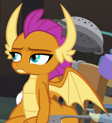 Size: 503x551 | Tagged: safe, screencap, smolder, dragon, a horse shoe-in, bored, chair, cropped, doctor whooves' lab, dragoness, fangs, female, frown, horns, invention, laboratory, looking at someone, narrowed eyes, smolder is not amused, solo, spread wings, teenaged dragon, teenager, unamused, unimpressed, waiting