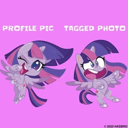 Size: 1080x1080 | Tagged: safe, twilight sparkle, twilight sparkle (alicorn), alicorn, pony, my little pony: pony life, duality, instagram, meme, official, one eye closed, purple background, simple background, solo