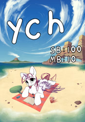 Size: 661x952 | Tagged: safe, artist:hitbass, oc, bat pony, earth pony, kirin, pegasus, pony, unicorn, zebra, beach, commission, solo, ych example, your character here