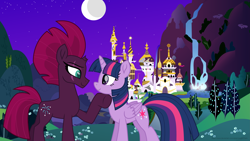 Size: 7111x4000 | Tagged: safe, alternate version, artist:ejlightning007arts, tempest shadow, twilight sparkle, twilight sparkle (alicorn), alicorn, pony, unicorn, my little pony: the movie, broken horn, canterlot, canterlot castle, castle, eye scar, female, hill, hoof on chin, horn, lesbian, moon, mountain, night, scar, shipping, simple background, smiling, tempestlight, tree, waterfall