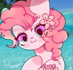 Size: 650x625 | Tagged: safe, artist:door_doorchild, derpibooru import, pinkie pie, earth pony, pony, :3, blurry background, bust, cute, diapinkes, eye clipping through hair, female, flower, flower in hair, looking at you, mare, ocean, solo