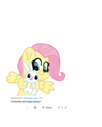 Size: 1031x1280 | Tagged: safe, artist:chespinfan, derpibooru import, angel bunny, fluttershy, pegasus, pony, rabbit, animal, duo, female, male, mare, requested art, simple background, smiling, white background