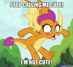 Size: 600x545 | Tagged: safe, edit, edited screencap, screencap, smolder, dragon, uprooted, blatant lies, blushing, caption, cropped, cute, denial's not just a river in egypt, dragoness, female, i'm not cute, image macro, smolderbetes, smoldere, solo, text, tsundere