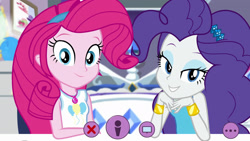 Size: 1920x1080 | Tagged: safe, edit, edited screencap, screencap, pinkie pie, rarity, better together, do it for the ponygram!, equestria girls, alternate hairstyle, duo, duo female, female, hairstyle swap, looking at you, rarity hair, rarity's bedroom, webcam