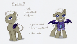 Size: 1135x656 | Tagged: safe, artist:ravenpuff, oc, oc only, oc:nightshift, clothes, colt, duo, freckles, male, reference sheet, smiling, spread wings, traditional art, wings