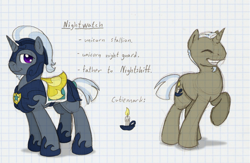 Size: 1280x836 | Tagged: safe, artist:ravenpuff, oc, oc only, oc:nightwatch, pony, unicorn, armor, beard, dyed coat, eyes closed, facial hair, graph paper, helmet, hoof shoes, horn, male, night guard, raised hoof, reference sheet, smiling, stallion, text, traditional art, unicorn oc