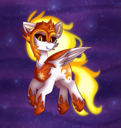 Size: 739x778 | Tagged: safe, artist:clairedaartiste444, daybreaker, alicorn, pony, a royal problem, cheek fluff, chest fluff, ear fluff, female, fiery mane, flying, helmet, hoof shoes, looking at you, mare, rapidash, smiling, solo, wings