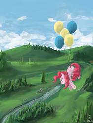 Size: 3000x4000 | Tagged: safe, artist:digiral, derpibooru import, pinkie pie, earth pony, pony, balloon, floating, high res, scenery, solo, then watch her balloons lift her up to the sky