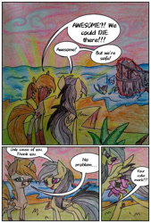 Size: 679x1004 | Tagged: safe, artist:mysteriousshine, daring do, pegasus, pony, unicorn, comic:the children of the night, annoyed, comic, cutiespark, dialogue, female, mare, ocean, ruins, traditional art, water