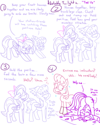 Size: 4779x6013 | Tagged: safe, artist:adorkabletwilightandfriends, berry punch, berryshine, cloudchaser, flitter, twilight sparkle, twilight sparkle (alicorn), alicorn, earth pony, pegasus, pony, comic:adorkable twilight and friends, adorkable, adorkable twilight, arched back, ass up, bend over, bending, bow, butt, clothes, comic, concerned, confident, contorted, cute, dimples, dimples of venus, dork, downward dog, exercise, hot yoga, humor, innuendo, plot, pose, poses, rec center, slice of life, socks, stretching, sweat, workout, yoga