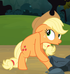 Size: 790x837 | Tagged: safe, derpibooru import, screencap, applejack, earth pony, pony, spike at your service, applejack's hat, belly, bipedal, bush, cowboy hat, cropped, female, floppy ears, flower, hat, looking back, mare, rock, solo, stuck