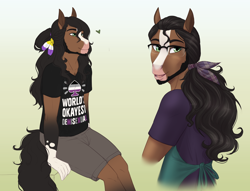 Size: 3000x2293 | Tagged: safe, artist:askbubblelee, oc, oc only, oc:walter nutt, anthro, earth pony, saddle arabian, anthro oc, clothes, demisexual, digital art, earth pony oc, facial hair, glasses, gradient background, looking back, male, nonbinary, nonbinary pride flag, pride, pride flag, shirt, sitting, smiling, solo, stallion