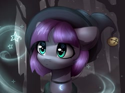 Size: 1800x1337 | Tagged: safe, artist:reterica, maud pie, pony, bust, cute, forest, hat, heart eyes, jewelry, magic, maudabetes, necklace, portrait, scenery, solo, starry eyes, stars, tree, weapons-grade cute, wingding eyes, witch hat